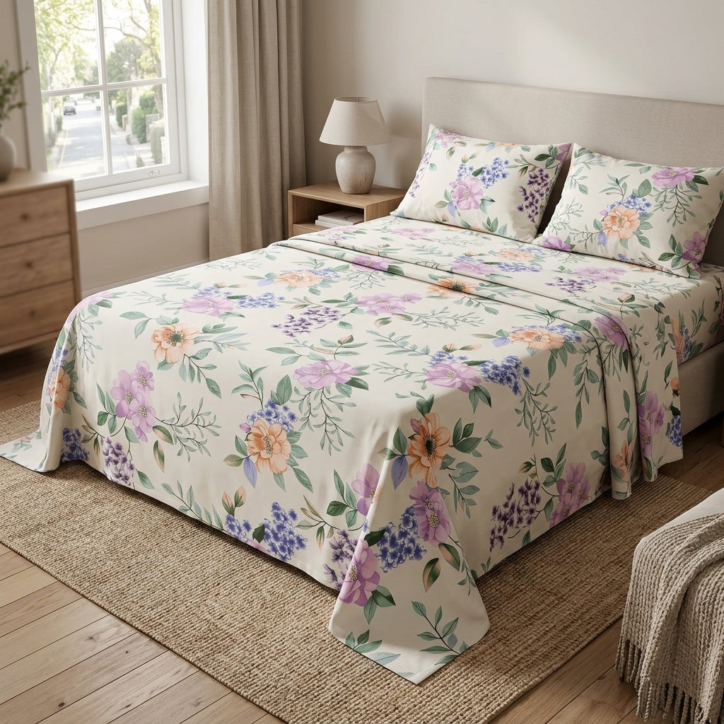 Cream white Printed - Flat Print Bedsheet