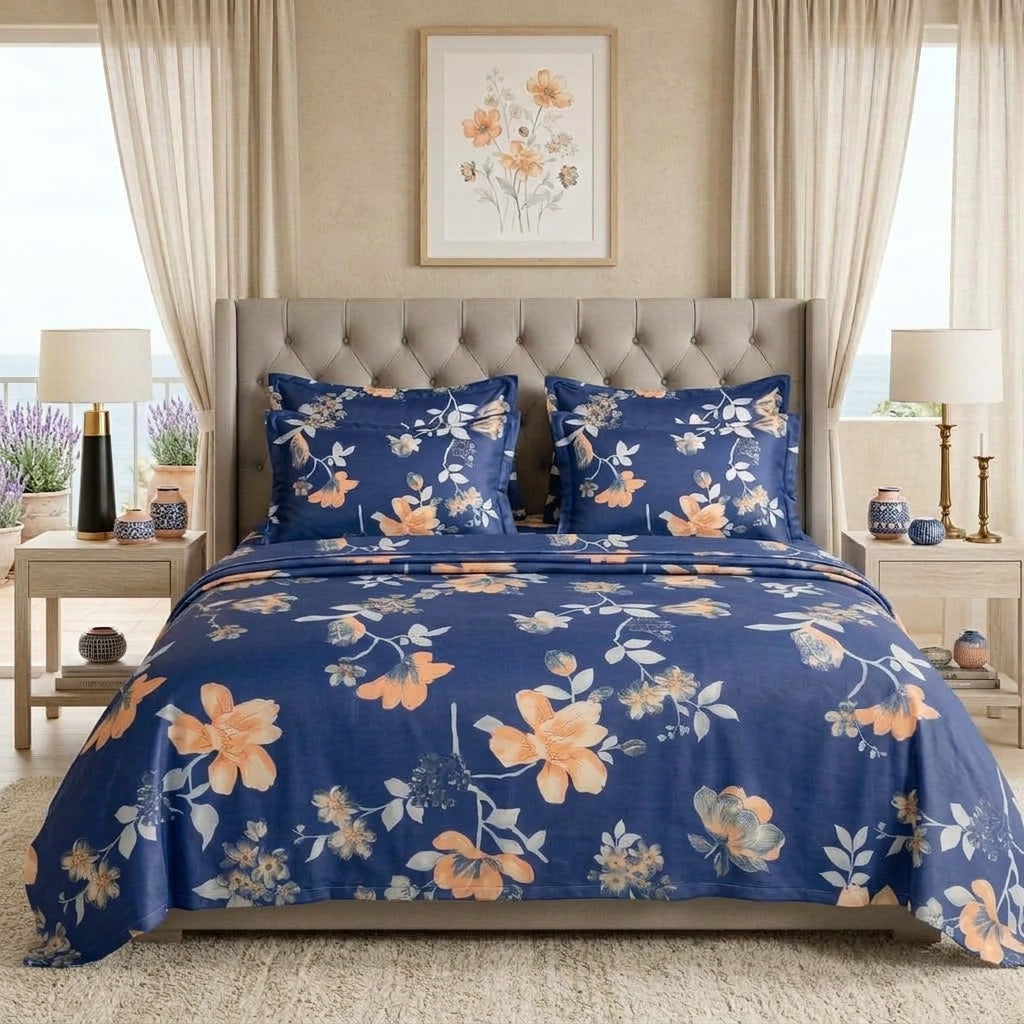 Sapphire Blossom - Flat Print Bedsheet